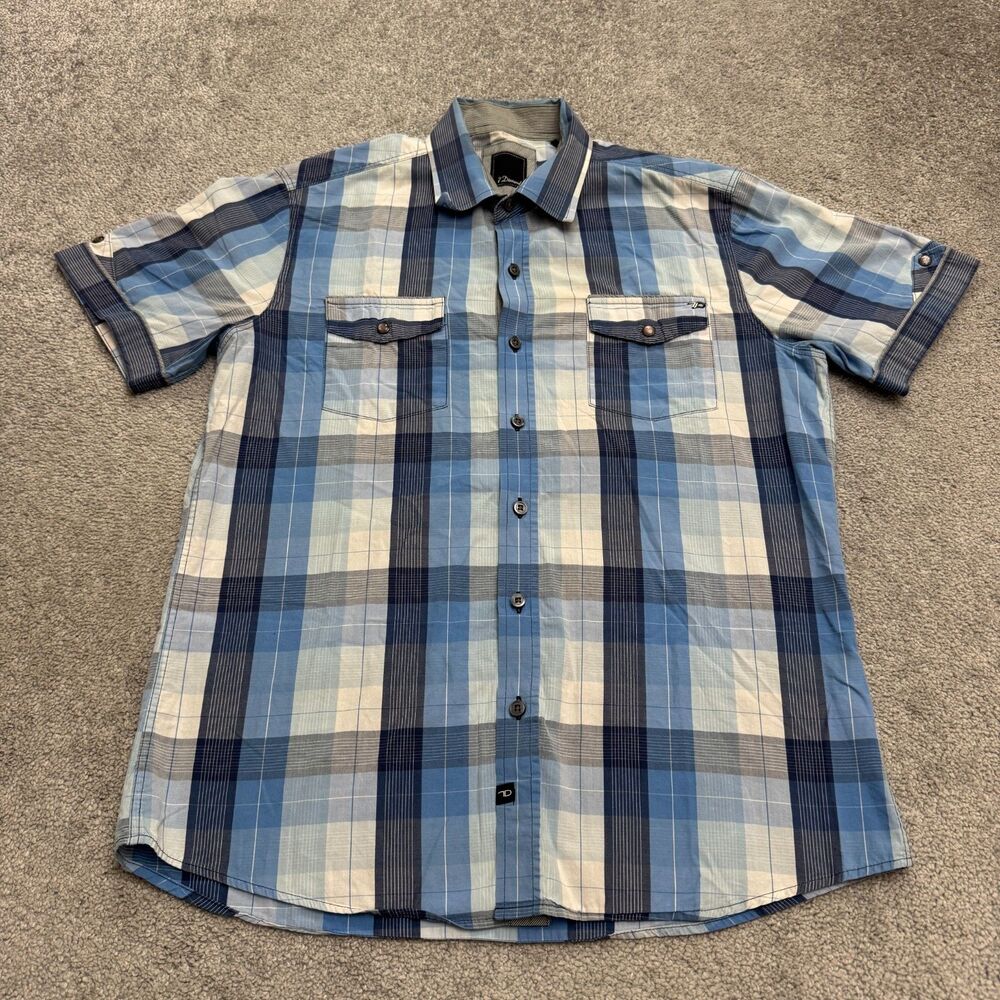 7 Diamonds Button Down Shirt Mens Large Blue Plaid Short Sleeve Cotton Casual